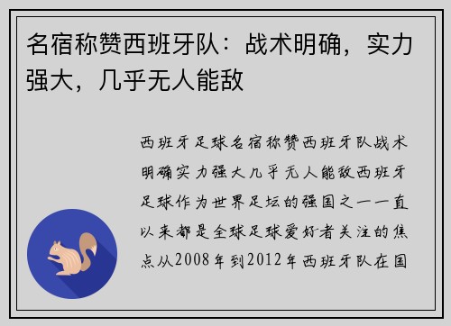 名宿称赞西班牙队：战术明确，实力强大，几乎无人能敌